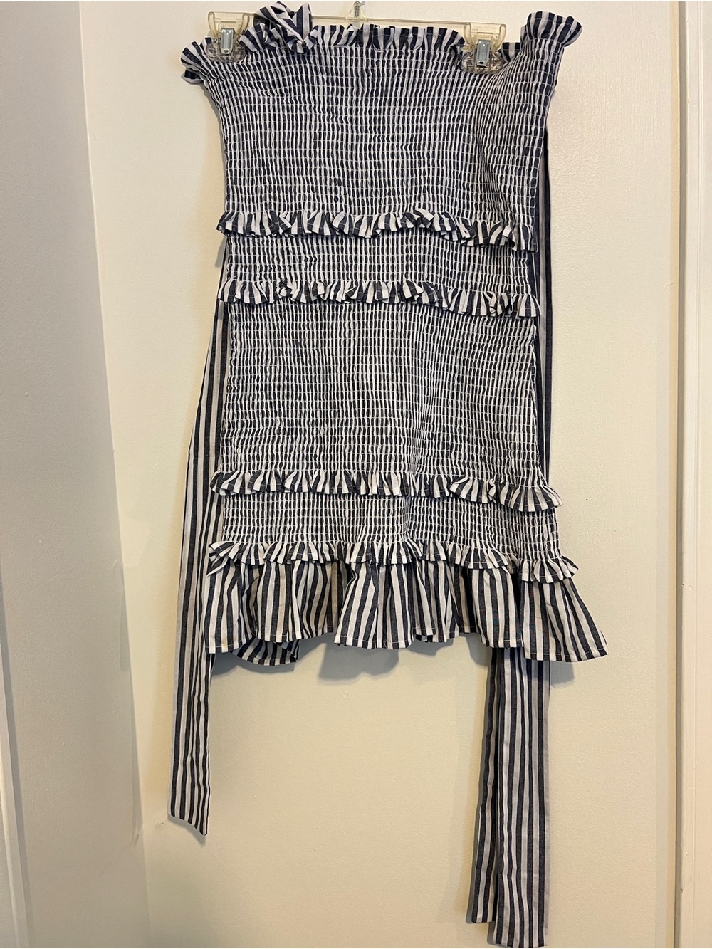 Striped Navy and White Ruffle Smocked Dress with Shoulder Ties